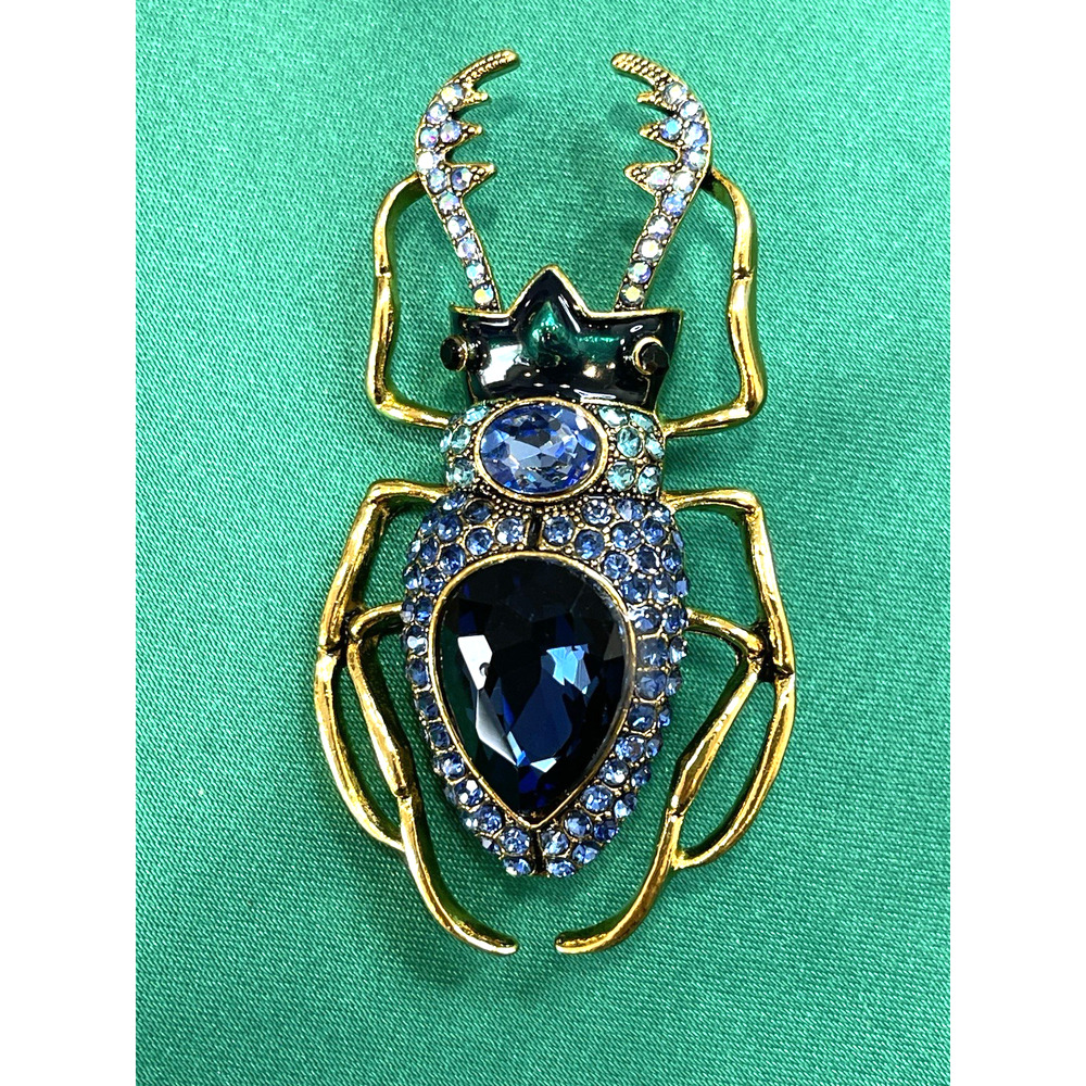 NWOT Blue Beetle Scarab Brooch Pin Rhinestone Glass Enamel Animal Insect Costume